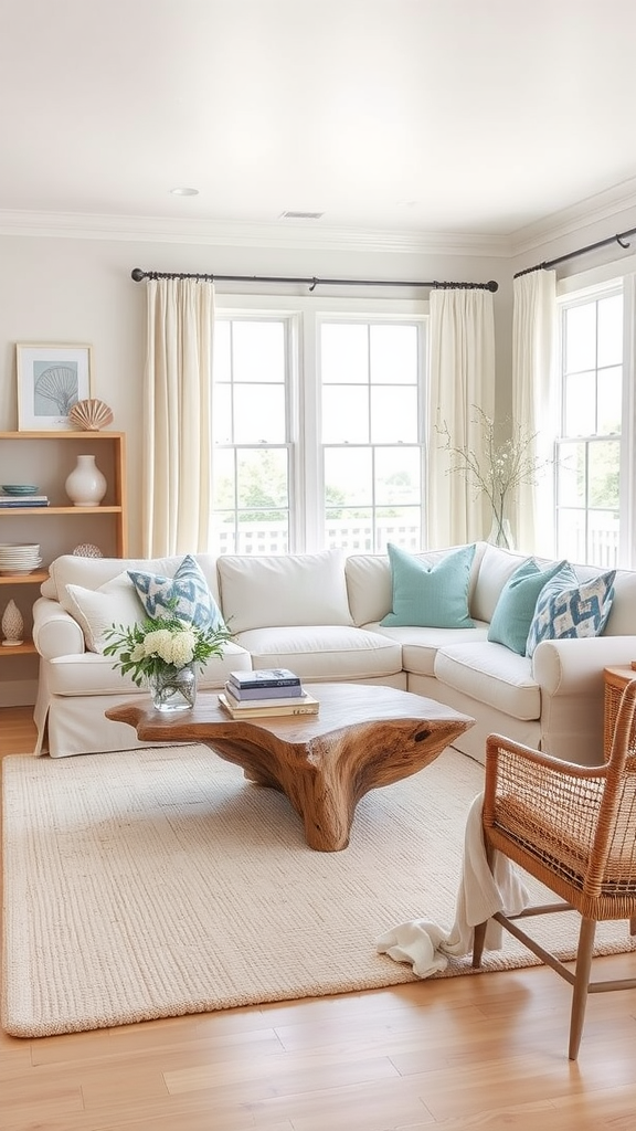 A cozy beach house living room with a white sofa, natural wood coffee table, and light decor