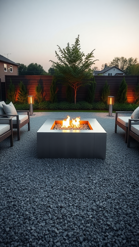 Gravel patio featuring a contemporary fire pit surrounded by comfortable seating and greenery.