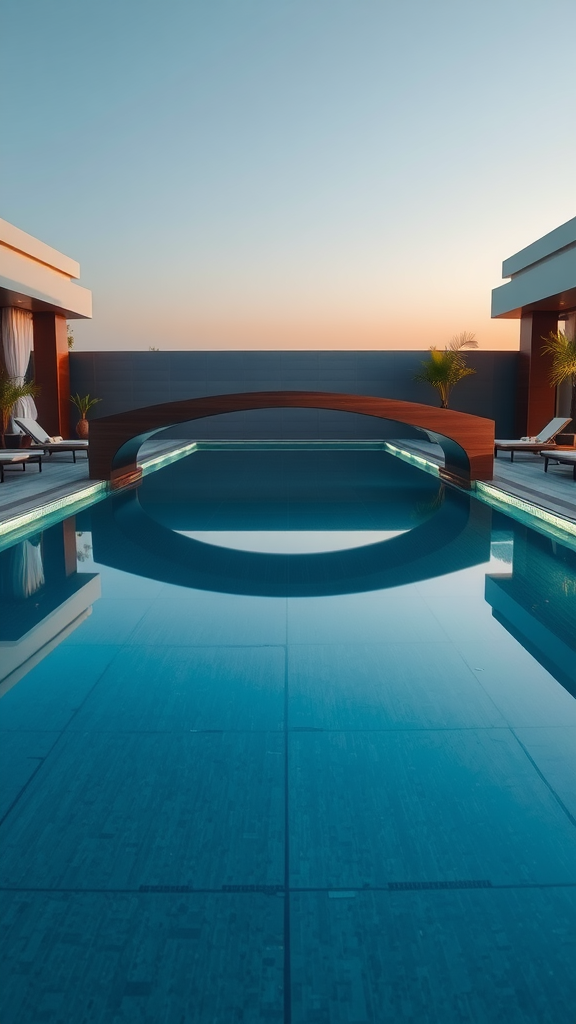 A modern pool with a sleek wooden bridge, reflecting the sky and surrounded by loungers and plants.