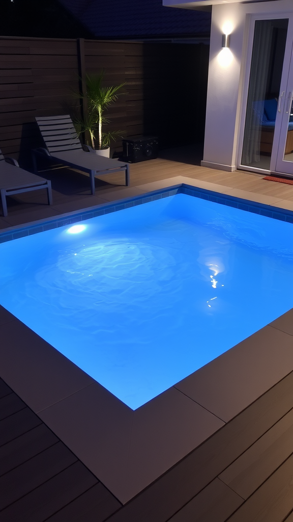 A small illuminated pool with blue lighting surrounded by a wooden deck and lounge chairs