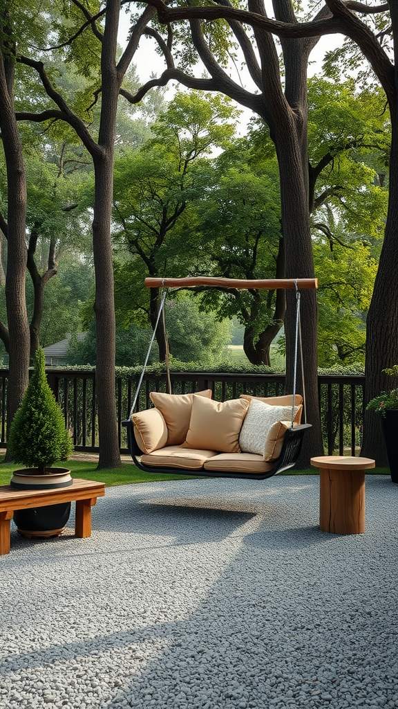 A gravel patio featuring a swing chair surrounded by tall trees, creating a serene outdoor space.