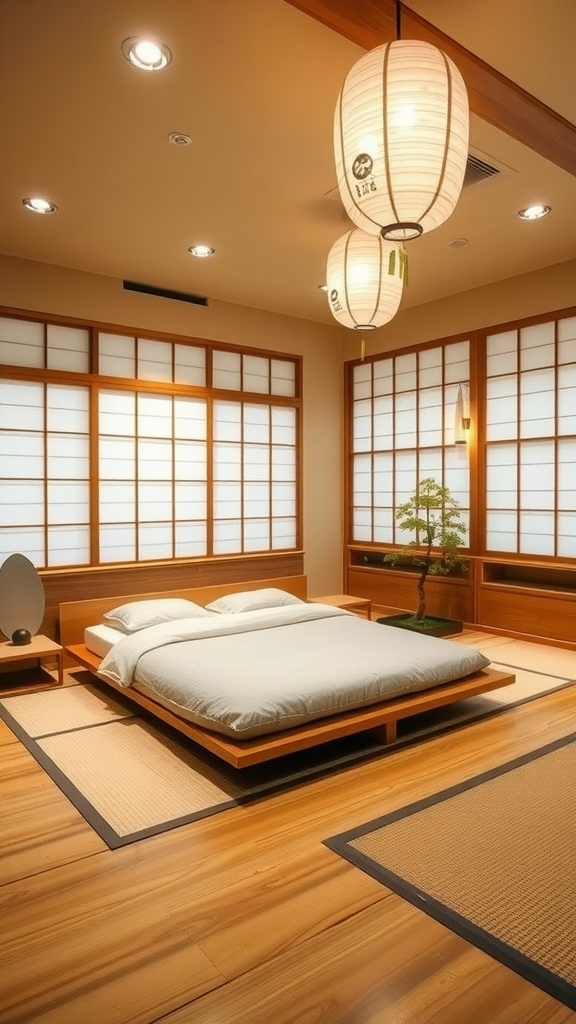 A Japanese-inspired modern bedroom featuring a low platform bed, wooden floors, shoji screens, and lanterns.