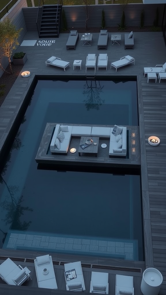 A modern pool with a contemporary sunken lounge area, surrounded by stylish seating.