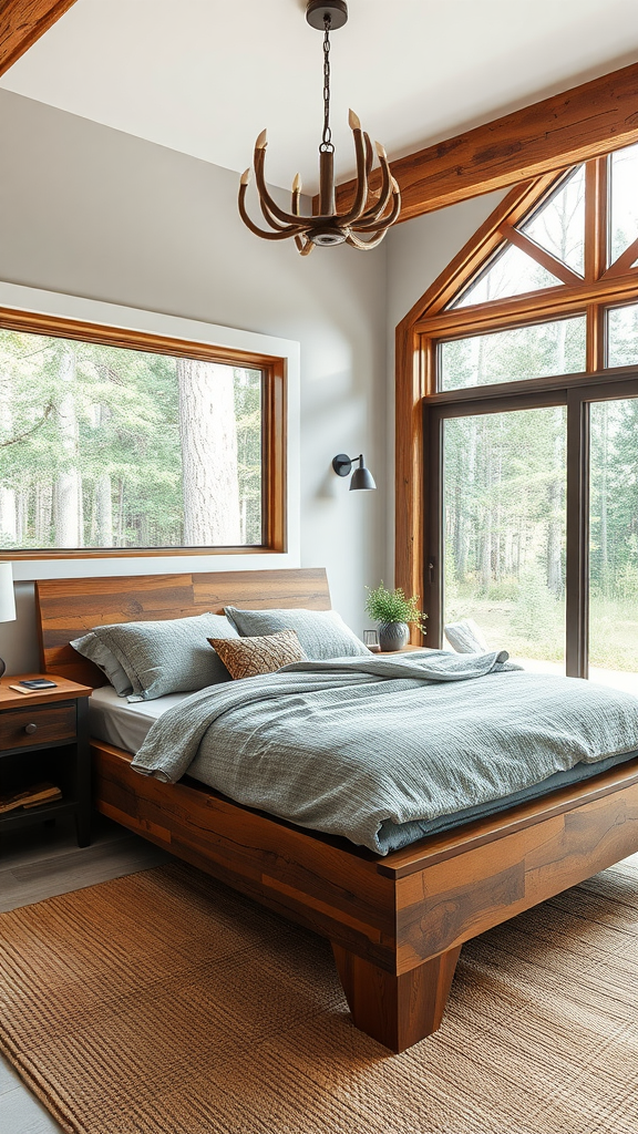 A rustic modern bedroom featuring a wooden bed, large window with a forest view, and an antler chandelier.