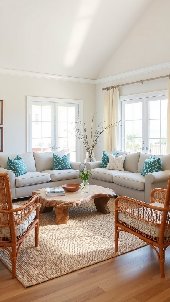 A serene coastal living room with light colors, soft blue cushions, a natural wood coffee table, and large windows.