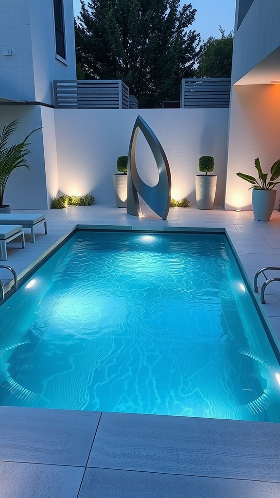 A small pool illuminated at night with a modern sculpture next to it, surrounded by plants.