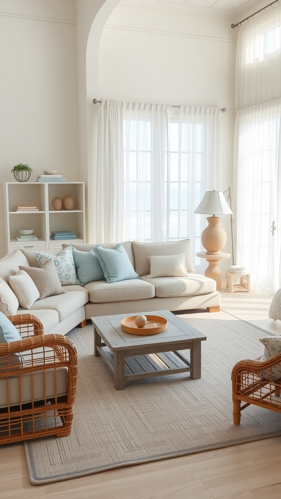 A bright and airy coastal living room with a light colored sofa, pastel cushions, rattan chairs, and a wooden coffee table.