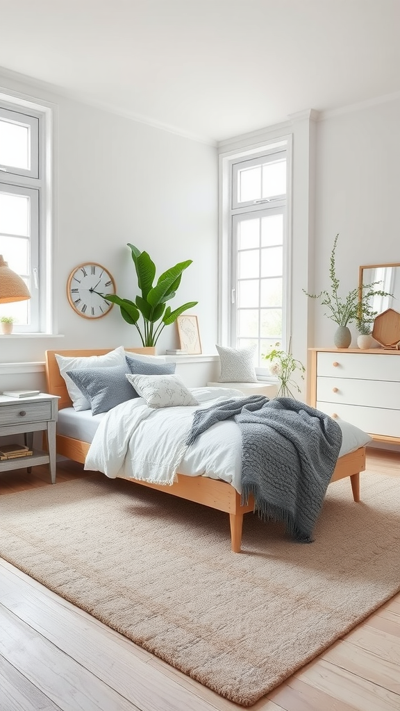 Cozy Scandinavian bedroom featuring light wood furniture, ample natural light, and soft textiles.