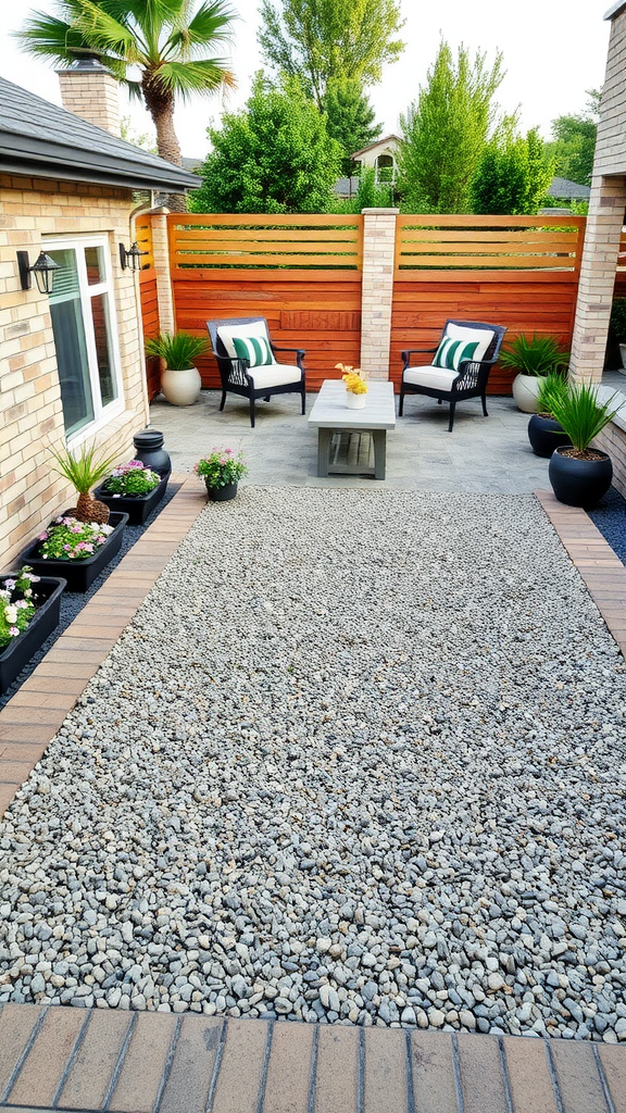 A cozy gravel patio featuring stamped concrete borders, surrounded by potted plants and outdoor seating.