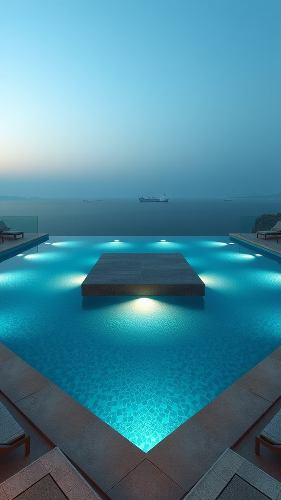 A modern pool with a floating platform, illuminated by soft lights, overlooking the ocean