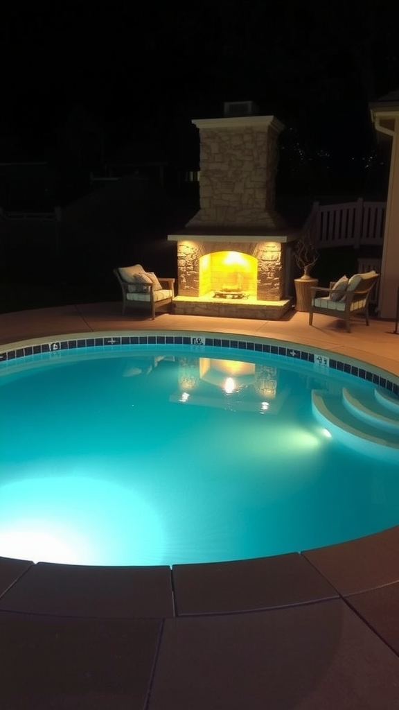 A small pool at night with an outdoor fireplace and comfortable seating.