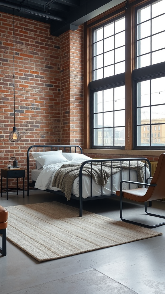 Urban chic loft bedroom featuring exposed brick walls, large windows, a minimalist bed, and stylish decor.