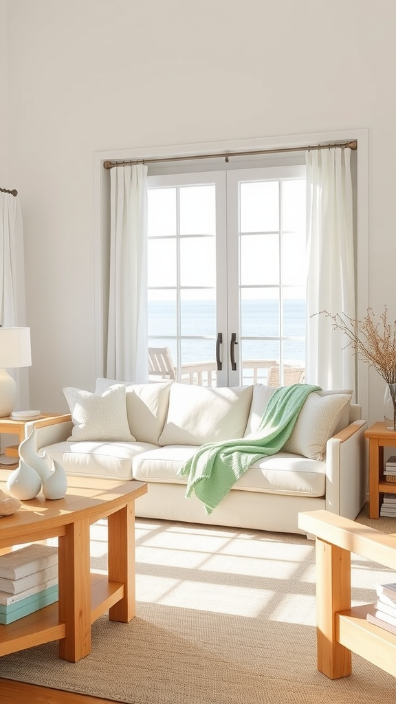 Bright coastal living room with a cream sofa, large windows, and light wooden furniture overlooking the beach.