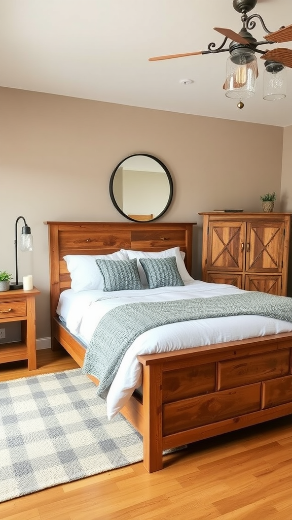 A cozy farmhouse bedroom featuring a wooden bed, round mirror, and check-patterned rug.