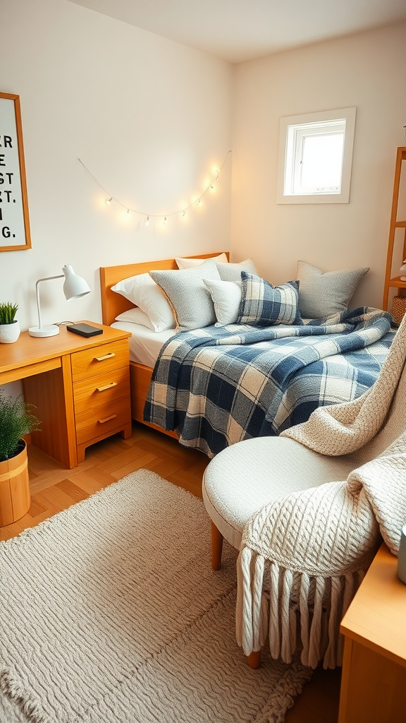 A cozy dorm room featuring a wooden bed with plaid bedding, string lights, and a knitted throw.