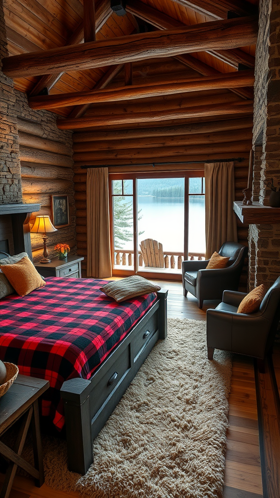 A cozy log cabin bedroom with rustic decor, featuring a plaid blanket on the bed, two armchairs, and a view of the lake through large windows.