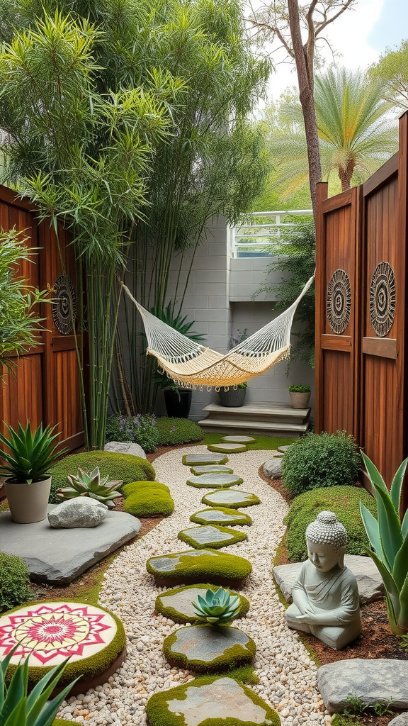 A tranquil hippie garden featuring a hammock, bamboo, a Buddha statue, and a stone pathway surrounded by lush greenery and flowers.