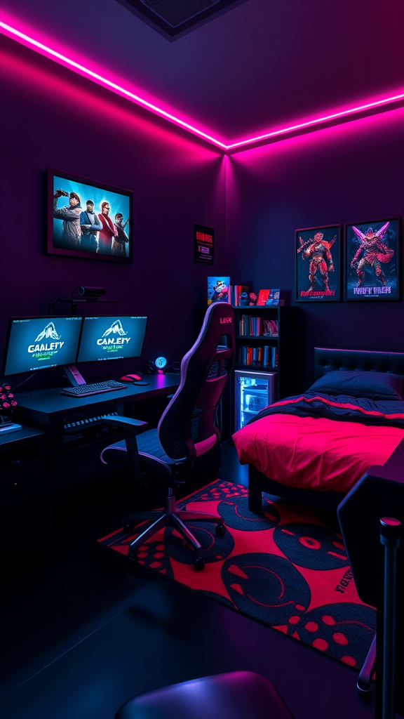 A dark-themed gamer dorm room with multiple monitors, LED lights, and gaming posters.