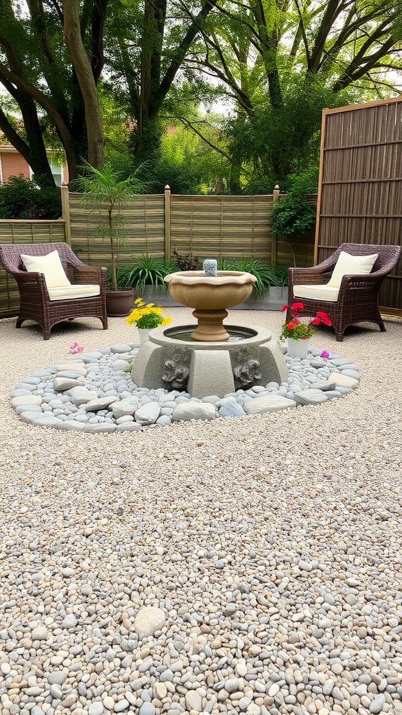 A gravel patio featuring a fountain surrounded by smooth stones and colorful flowers, with two chairs set for relaxation.