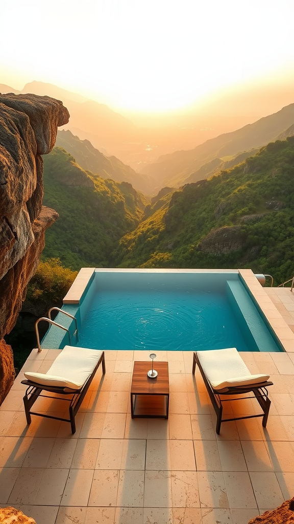 A small infinity edge pool overlooking lush hills during sunset, with two loungers and a table.