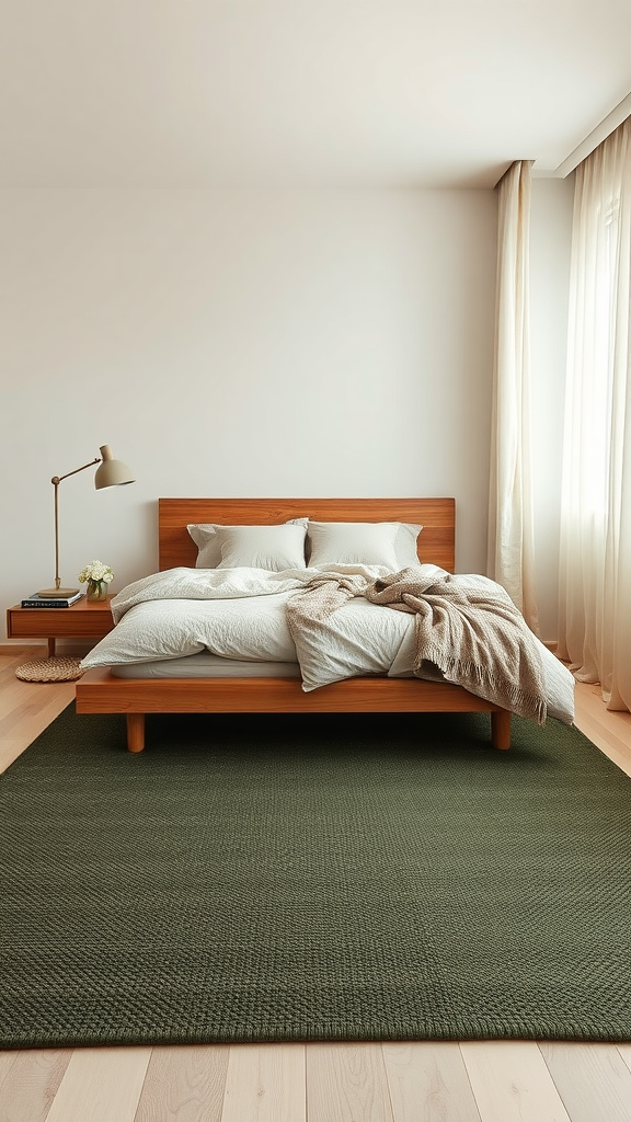 Japandi bedroom featuring a wooden bed, neutral bedding, and a green rug