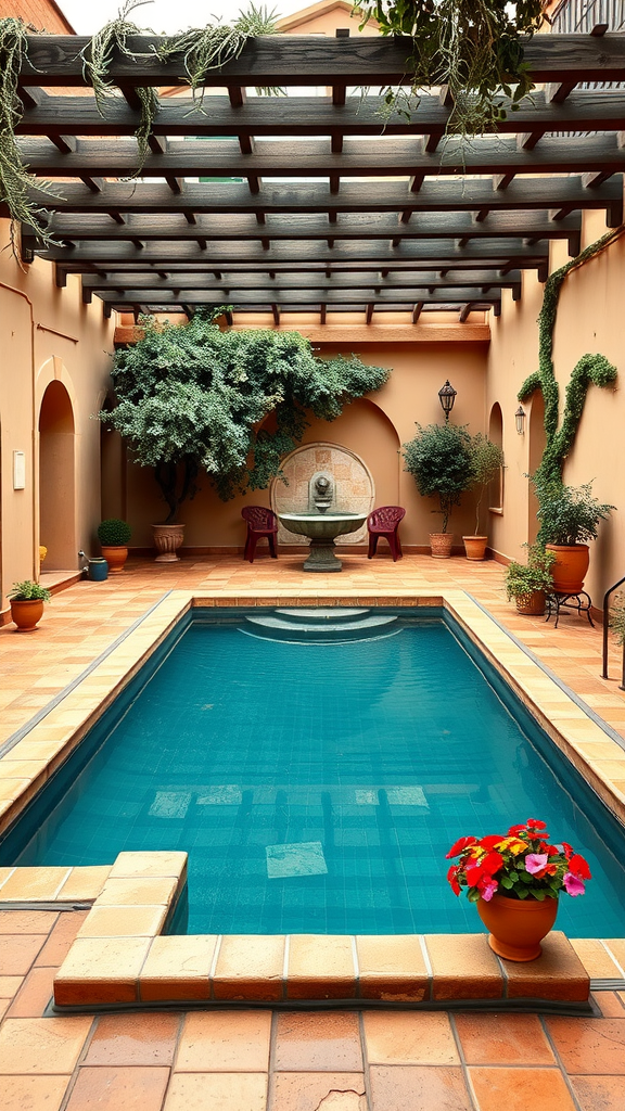 Mediterranean courtyard pool with potted plants, a fountain, and a pergola, showcasing a serene atmosphere.