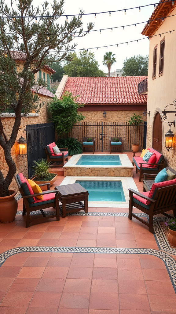 Mediterranean-style pool deck with terracotta tiles, comfy seating, and string lights