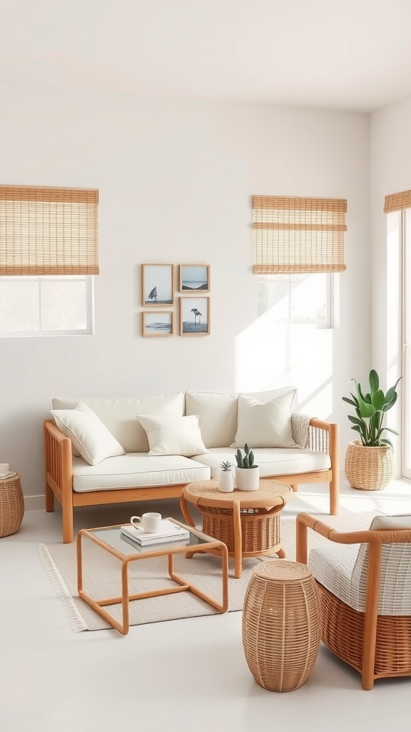 A minimalist boho coastal living room featuring a light color palette, wooden furniture, and natural decor elements.