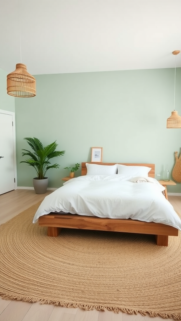 A minimalist boho coastal bedroom with mint green walls, a wooden bed, a jute rug, and a potted plant.