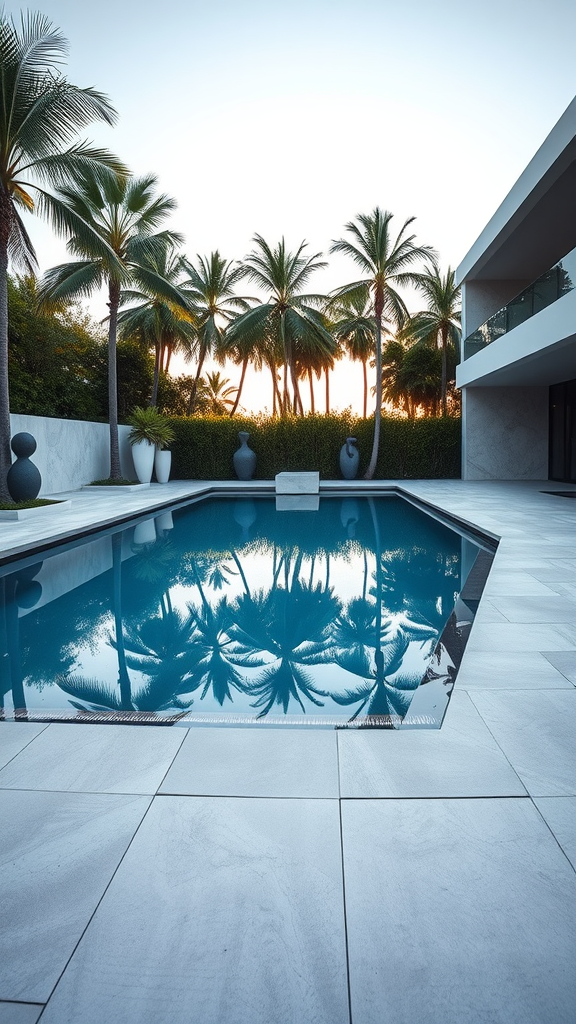 Modern geometric pool surrounded by palm trees and minimalist landscape design.