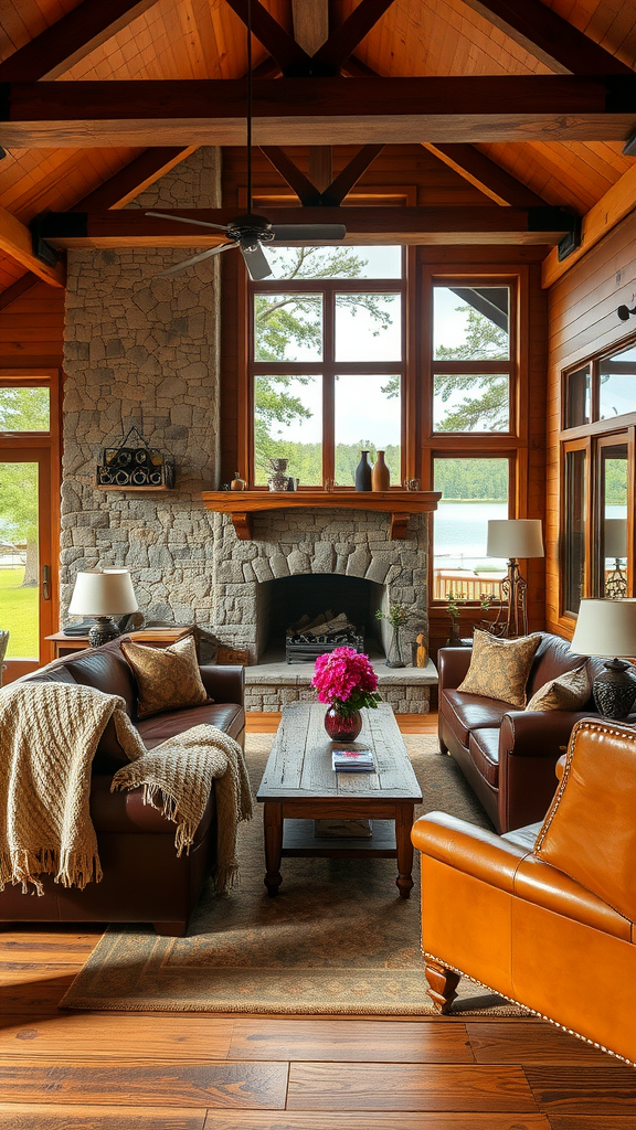 A rustic lake house living room featuring wooden beams, a stone fireplace, and large windows overlooking the lake.