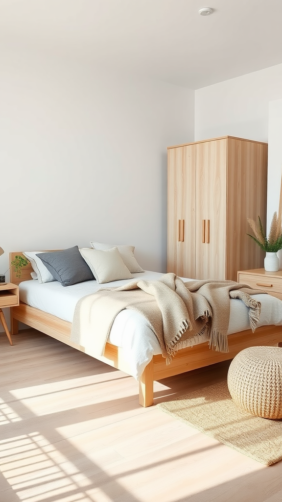 A Scandinavian style bedroom featuring light wood furniture, neutral bedding, and a cozy atmosphere.