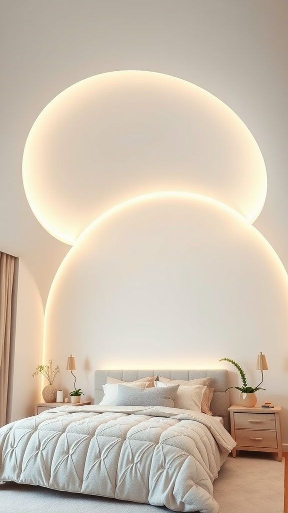 A cozy bedroom featuring a soft arch pop design on the ceiling, with warm lighting and neutral bedding.