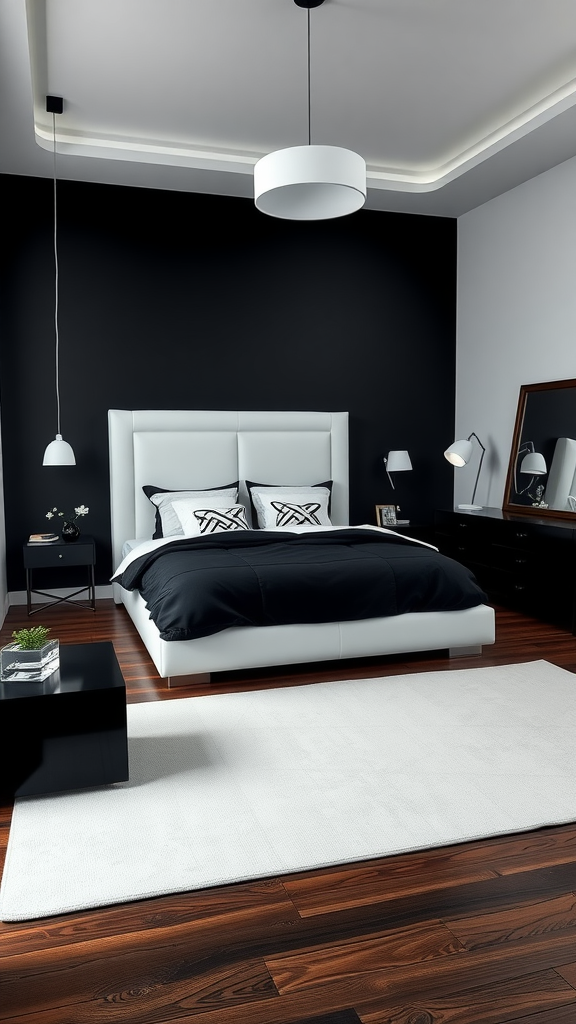 Modern bedroom with black and white design featuring a stylish bed, minimalistic furniture, and warm wooden flooring.