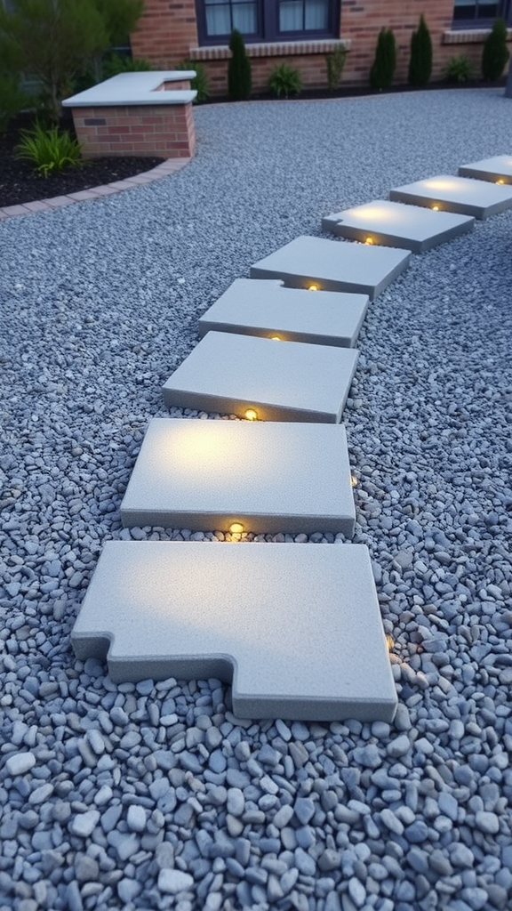 Gravel patio with lighted step stones creating a pathway.