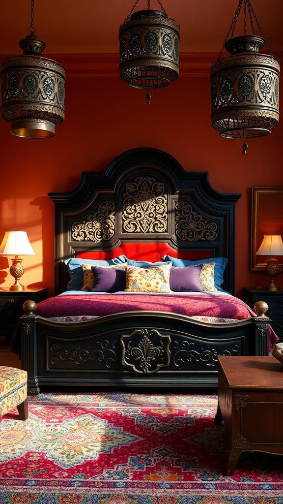 A luxurious Moroccan bedroom featuring a black ornate bed with colorful bedding, hanging lanterns, and a vibrant rug.