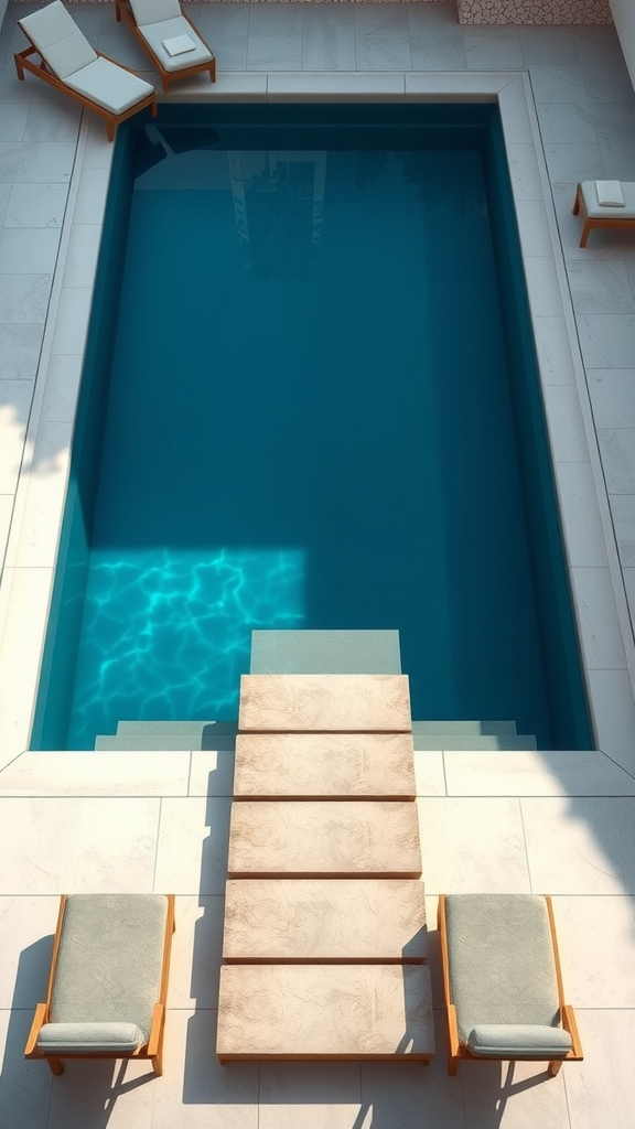 A small pool with floating steps leading into it, surrounded by lounge chairs.