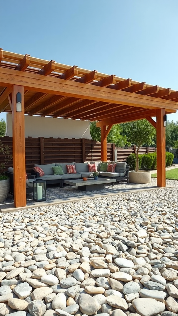 Gravel patio with a wooden pergola, comfortable seating, and smooth stones.