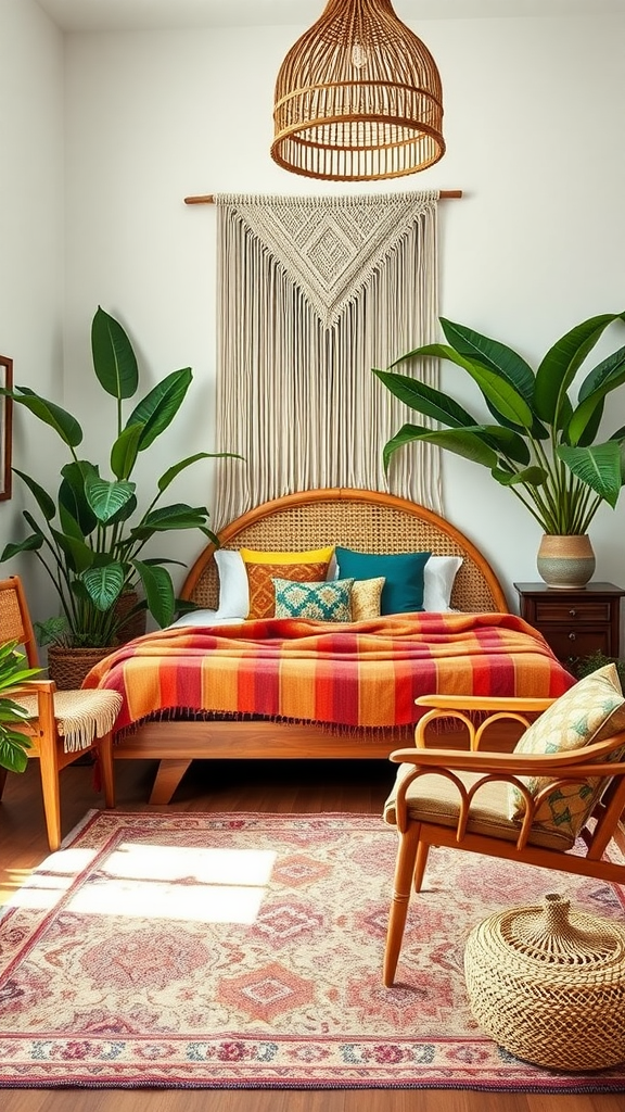 A modern bohemian bedroom featuring a woven bed, colorful blankets, and lush plants.