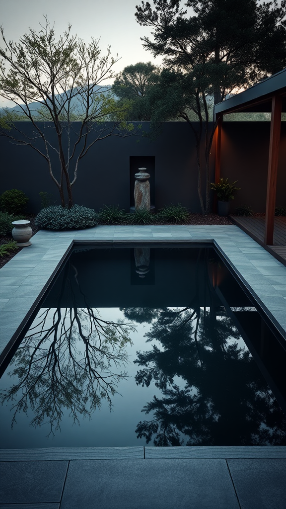 A small pool designed as a reflecting pond with trees and plants around it