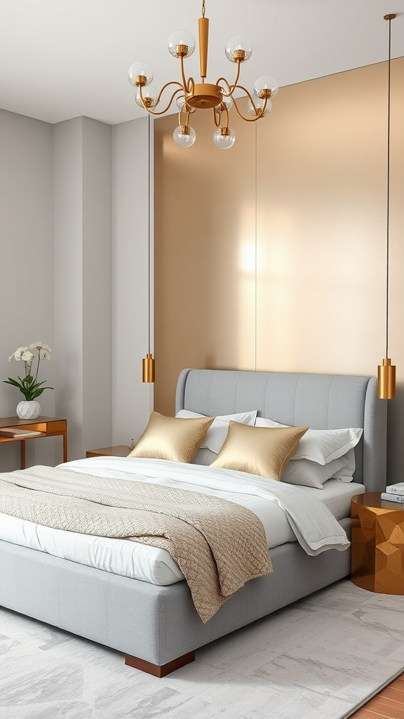 A modern bedroom featuring soft metallic accents with a gray bed, golden chandelier, and decorative pillows.