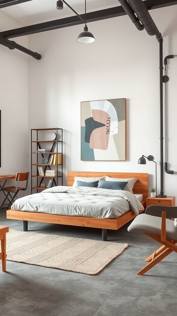 A cozy urban studio bedroom featuring a wooden bed, patterned rug, and modern decor.