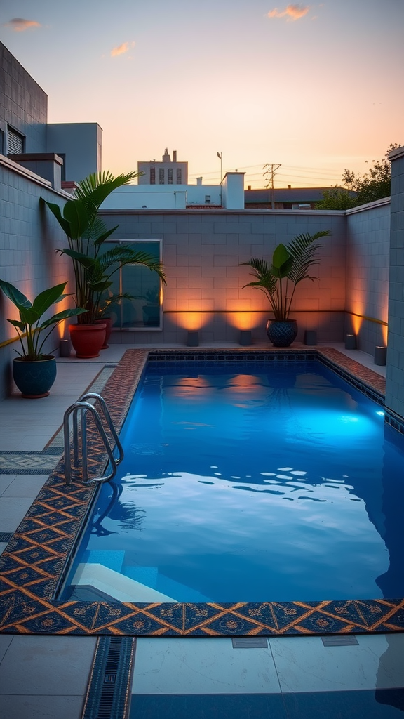 A small pool featuring Art Deco tiles, surrounded by plants and soft lighting during sunset.