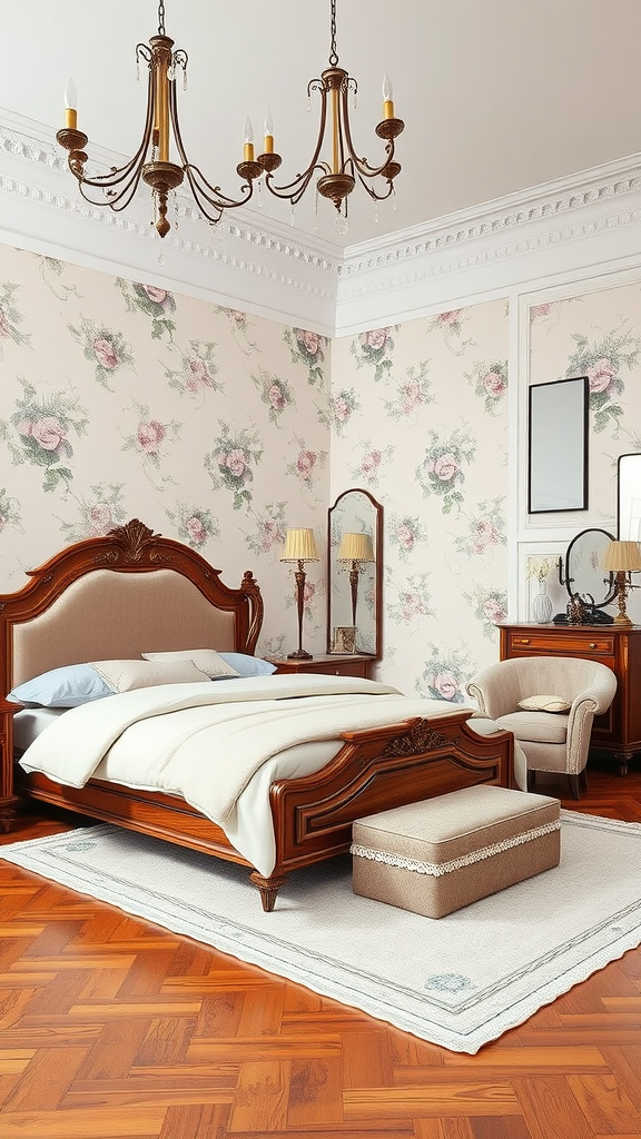 A classic French style bedroom featuring floral wallpaper, a wooden bed, a chandelier, and cozy furnishings.