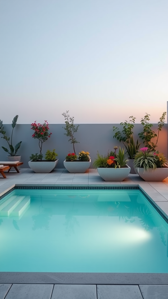 A small pool surrounded by raised planter boxes filled with colorful plants, creating a serene outdoor space.