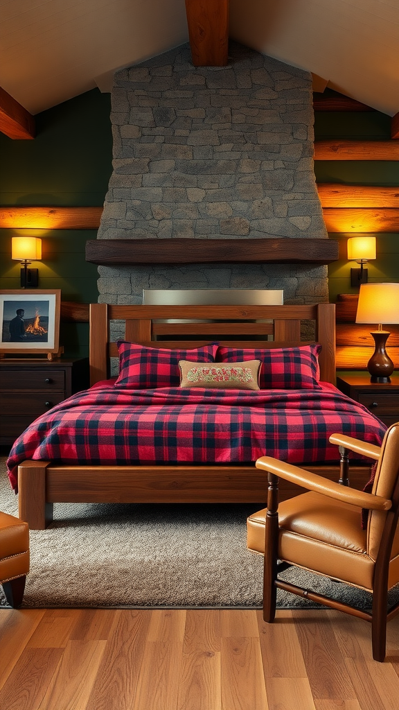 Cozy rustic lodge bedroom with plaid bedding, stone fireplace, and wooden accents.