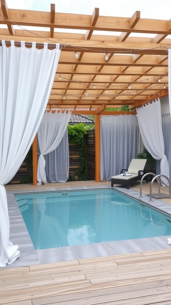 A small pool surrounded by a wooden pergola with white drapes and a lounging area.