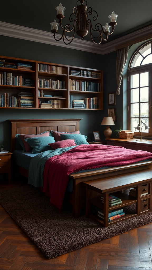 A cozy Dark Academia bedroom featuring dark walls, wooden furniture, and a mix of vibrant blankets.