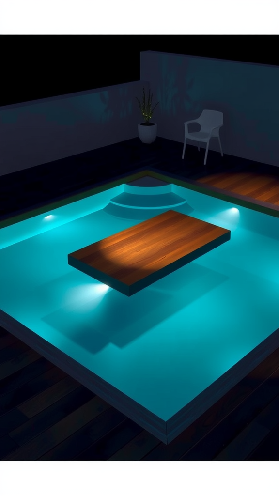 A small pool with a floating wooden bench illuminated by blue lights.