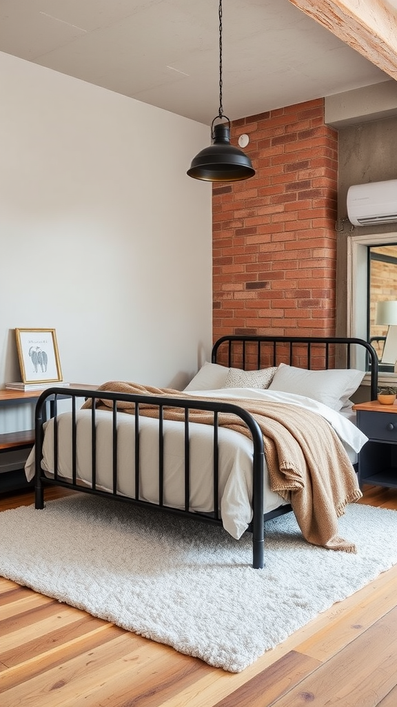 A soft industrial loft bedroom featuring a black metal bed frame, a cozy rug, and a stylish pendant light.